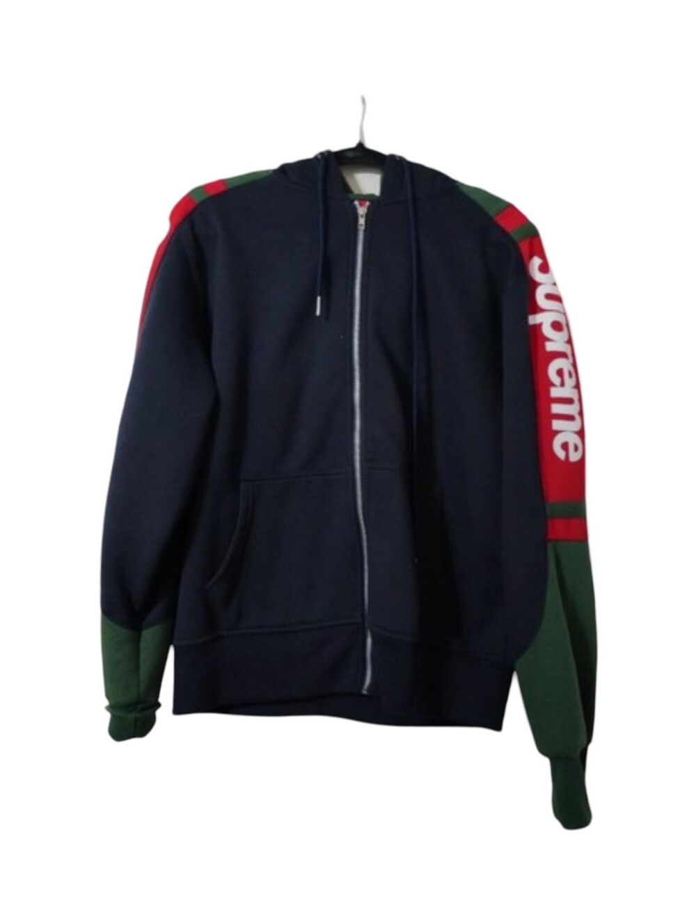 Supreme Navy Zip-Up Hoodie with Green & Red Sleeve Accents